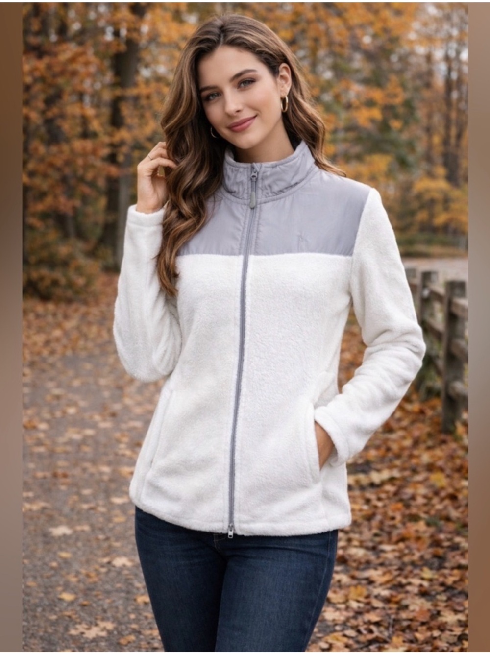 Danskin Now Cream Teddy Jacket with Light Gray Yoke Panel